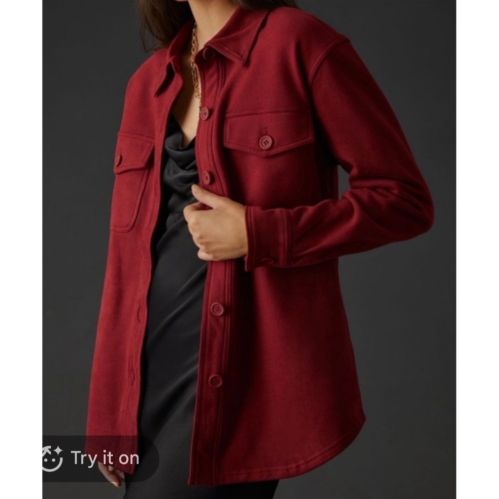 Good American Heavyweight Fleece Shacket Dark Red Burgundy Button Front Size 1/2